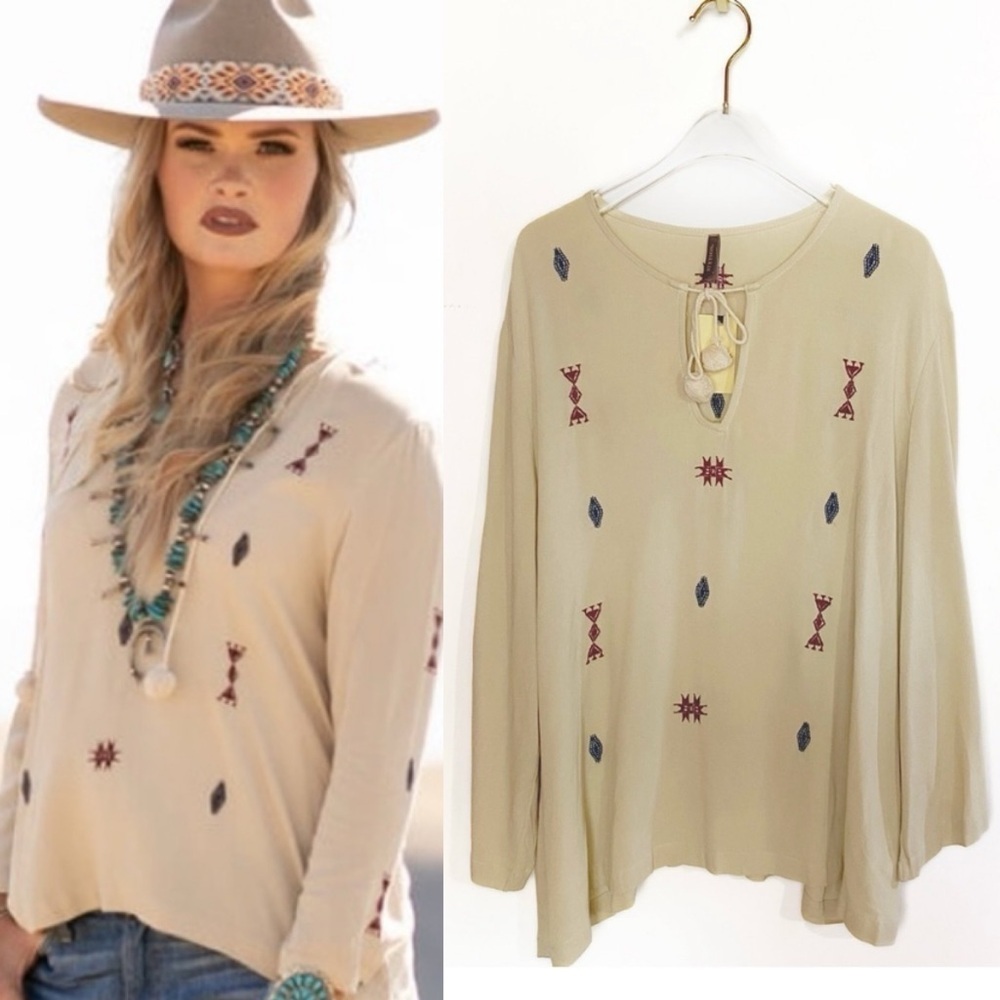 Stetson NWT Neutral Crepe V-Neck Blouse Tassels Womens size L